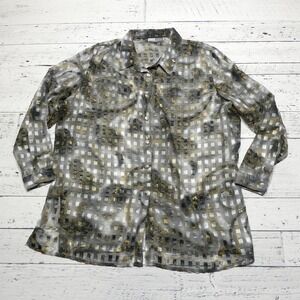 CM Shapes Button Up Shirt Womens Large‎ Gray Gold Sheer Geometric Top Blouse